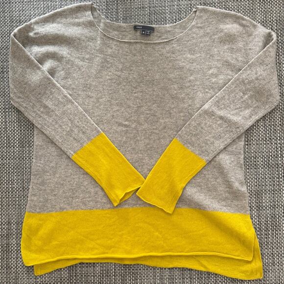 VINCE 100% CASHMERE Colorblock Slouchy Boatneck Long Sleeve Sweater Yello Gray M - Picture 2 of 5